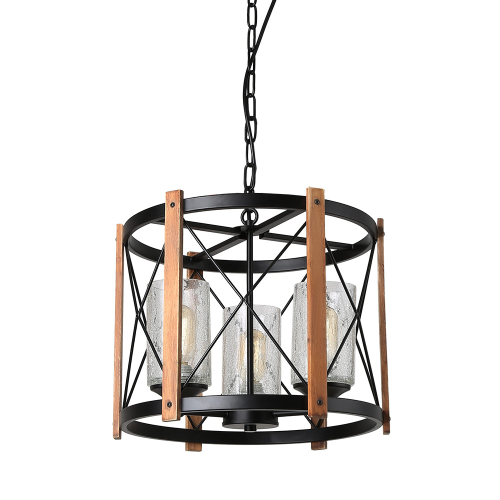 15.5" Diameter Wood Farmhouse Chandelier Light with Glass Shade, Vintage Industrial Edison Hanging Lamp Rustic Pendant 3 Lights,  C0030