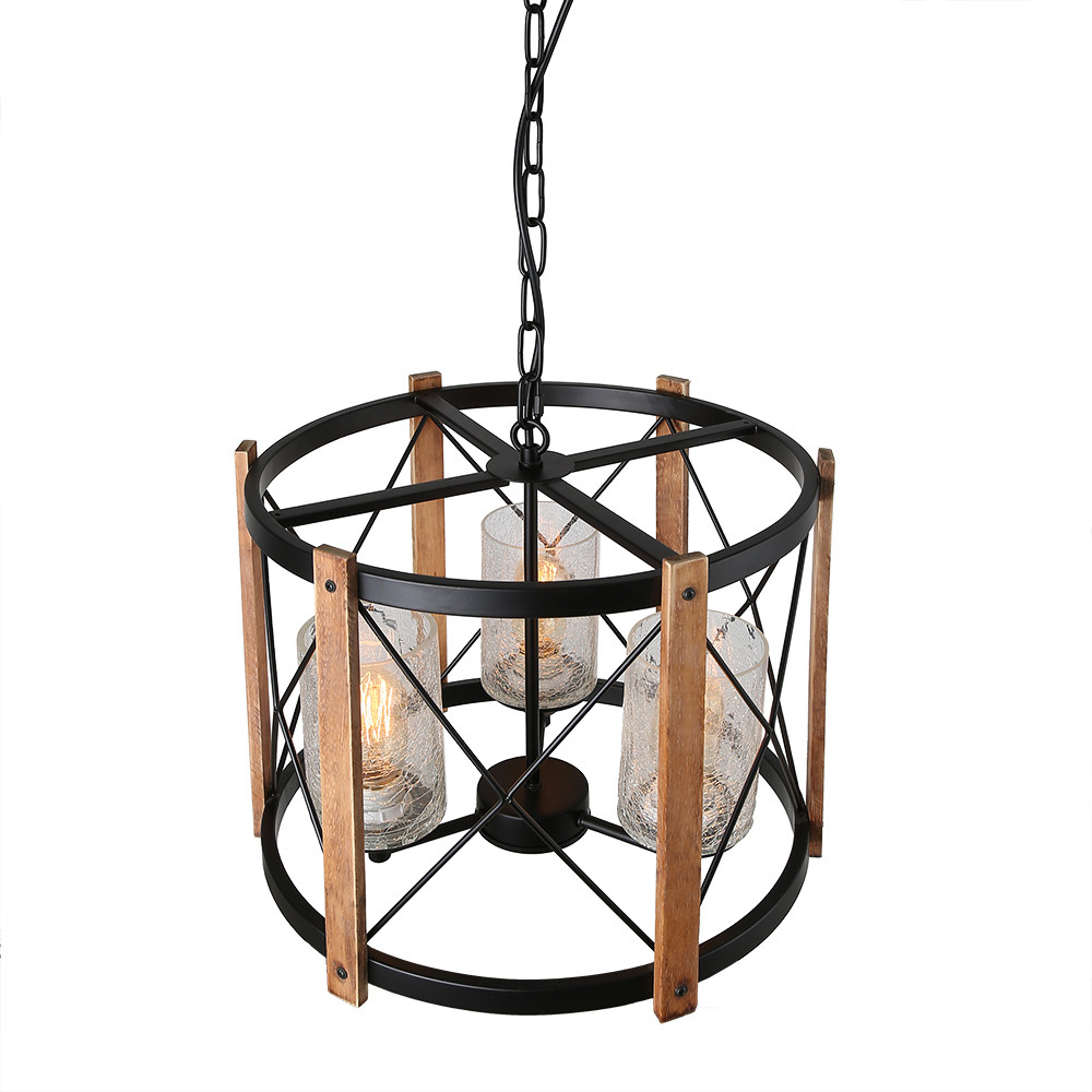15.5" Diameter Wood Farmhouse Chandelier Light with Glass Shade, Vintage Industrial Edison Hanging Lamp Rustic Pendant 3 Lights,  C0030