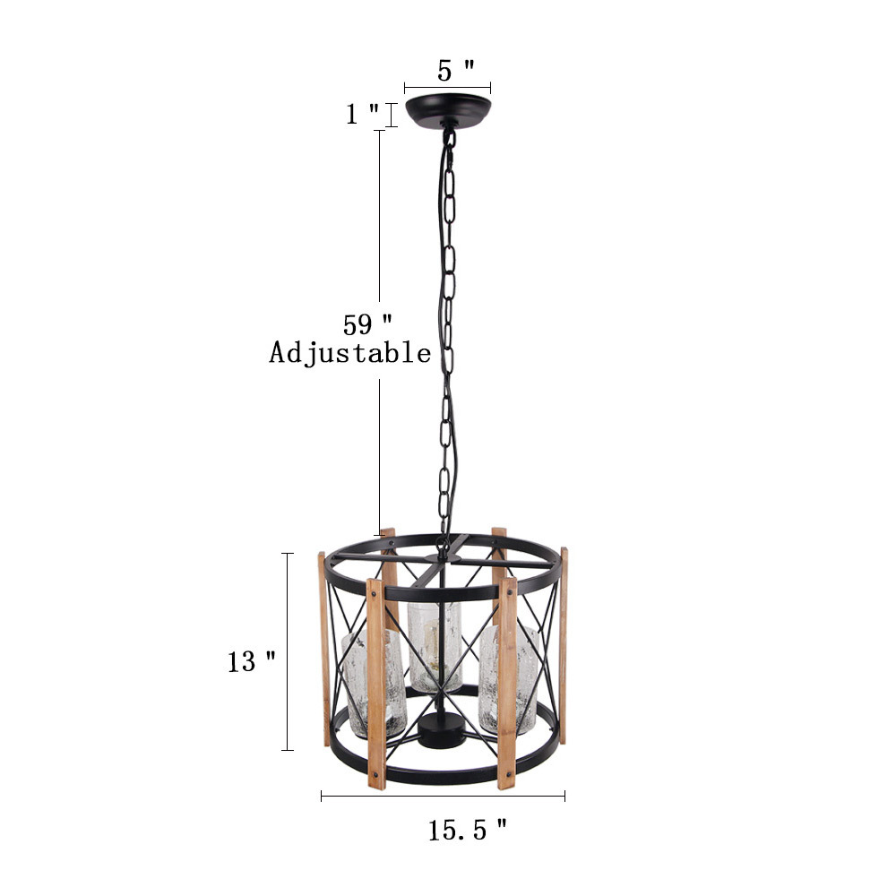 15.5" Diameter Wood Farmhouse Chandelier Light with Glass Shade, Vintage Industrial Edison Hanging Lamp Rustic Pendant 3 Lights,  C0030
