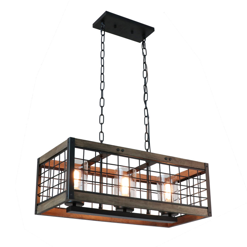 Anmytek Square Metal and Wood Chandelier Basket Pendant Three Lights Oil Black Finishing Iron Net Lamp Shade Retro Vintage Industrial Rustic Light