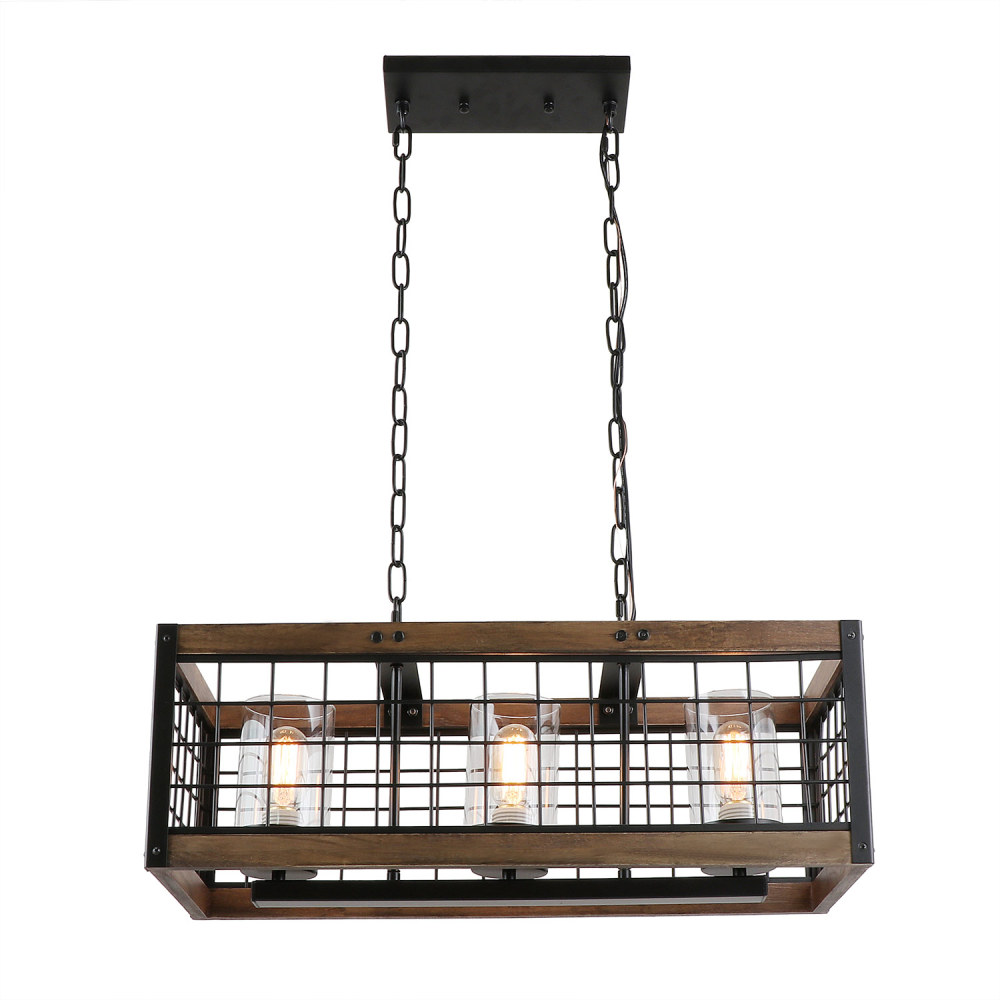 Anmytek Square Metal and Wood Chandelier Basket Pendant Three Lights Oil Black Finishing Iron Net Lamp Shade Retro Vintage Industrial Rustic Light