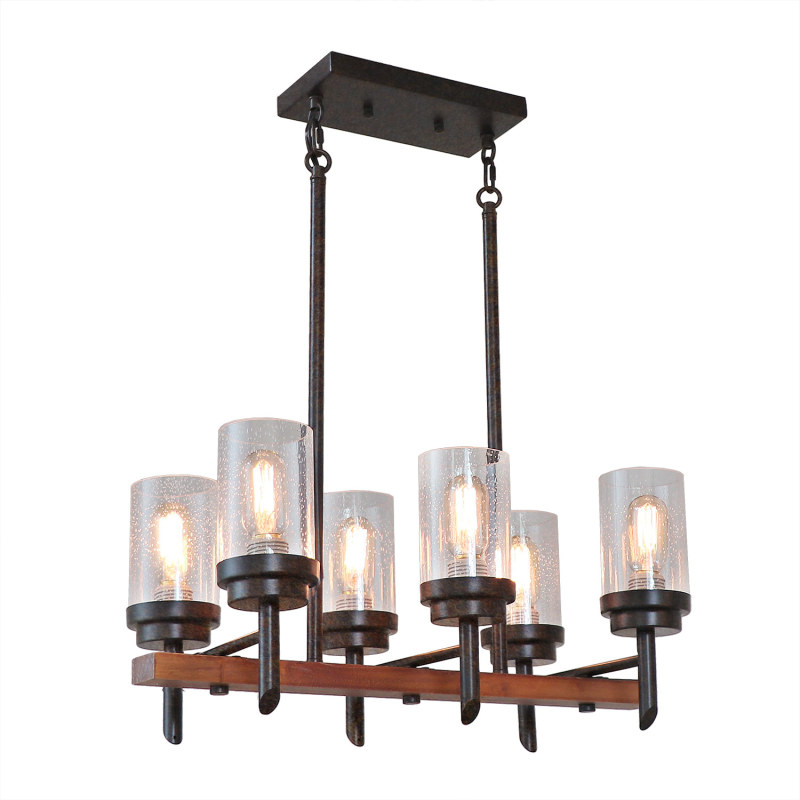 Wood Farmhouse Dinning Table Rustic Chandelier Light with Shades, Industrial Vintage Edison Pendant Lamp Kitchen Island Hanging 6 Lights, 17802