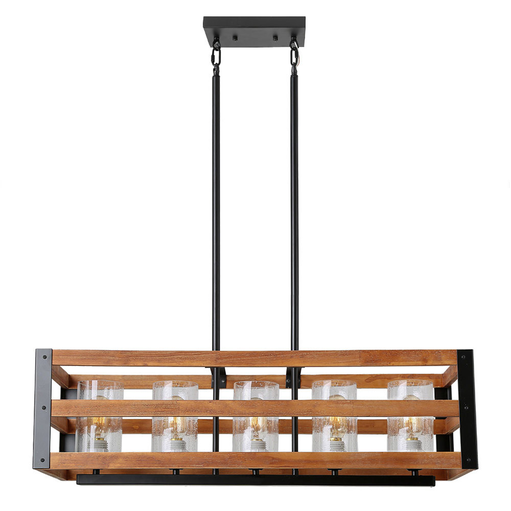 32"L 3Tiers Wood Frame Farmhouse Chandelier Light with Seeded Glass Shades, Rustic Edison Hanging Lamp Vintage Kitchen Pendant 5 Lights, C0028