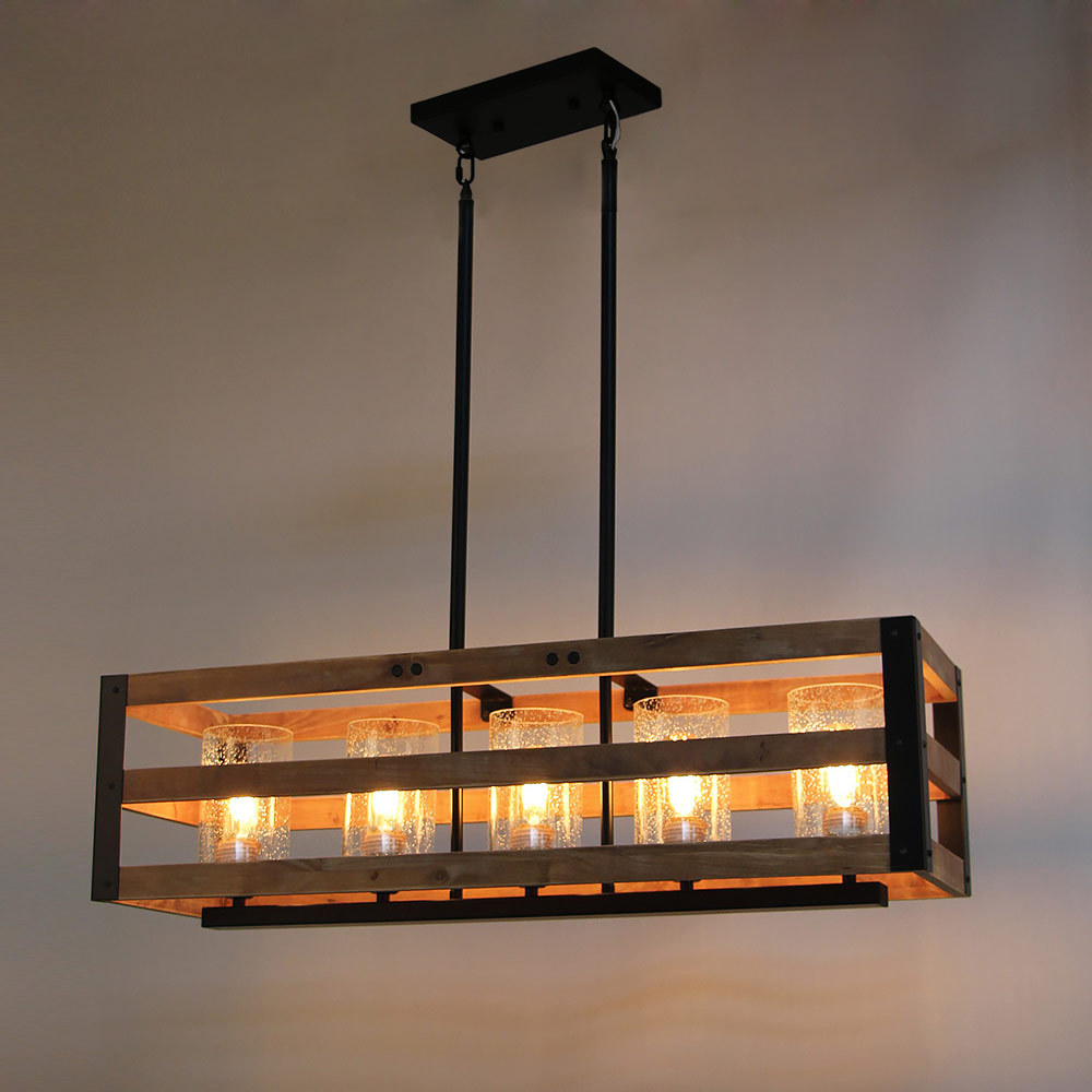 32"L 3Tiers Wood Frame Farmhouse Chandelier Light with Seeded Glass Shades, Rustic Edison Hanging Lamp Vintage Kitchen Pendant 5 Lights, C0028