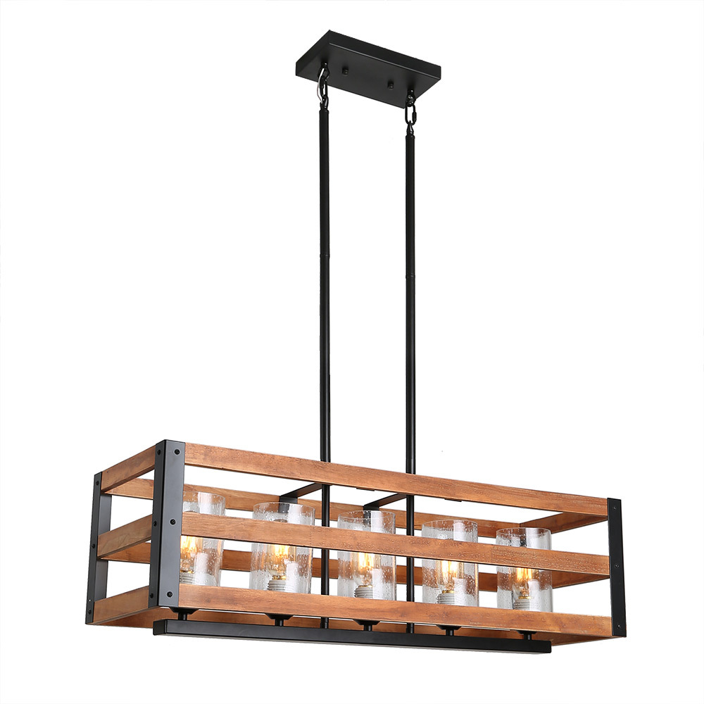 32"L 3Tiers Wood Frame Farmhouse Chandelier Light with Seeded Glass Shades, Rustic Edison Hanging Lamp Vintage Kitchen Pendant 5 Lights, C0028