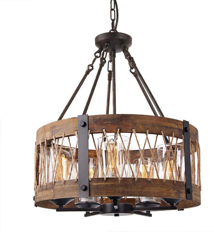 Anmytek C0003 Round Wooden Chandelier with Clear Glass Shade Rope and Metal Pendant Five Decorative Lighting Fixture Retro Rustic Antique Ceiling Lamp