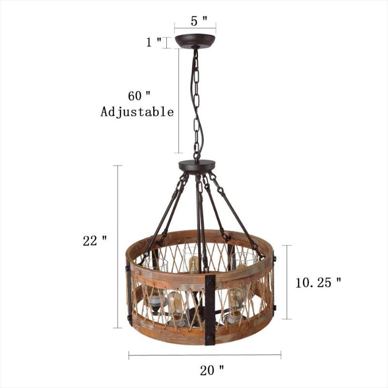 Anmytek C0003 Round Wooden Chandelier with Clear Glass Shade Rope and Metal Pendant Five Decorative Lighting Fixture Retro Rustic Antique Ceiling Lamp