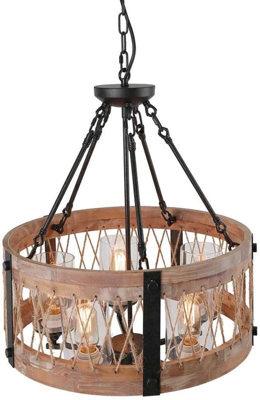 Anmytek C0003 Round Wooden Chandelier with Clear Glass Shade Rope and Metal Pendant Five Decorative Lighting Fixture Retro Rustic Antique Ceiling Lamp