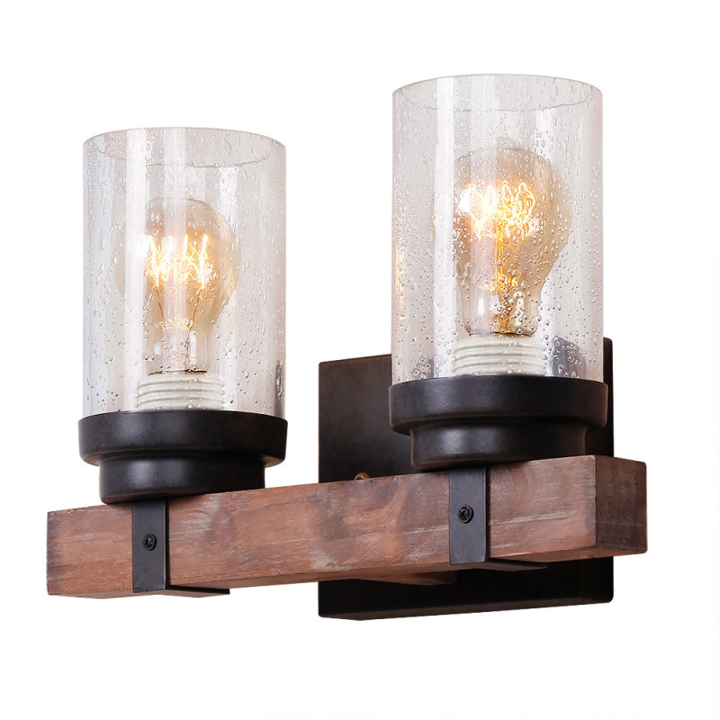Anmytek Wall Lamp Wooden Wall Light Wall Sconce Fixture with Bubble Glass Shade (Two Lights)-W0019