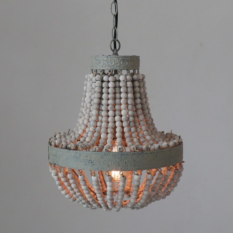 Anmytek Wood Beaded Chandelier Pendant Light Gray White Finishing Kitchen Island Lighting Retro Vintage Rustic Beads Ceiling Lamp Light Fixtures