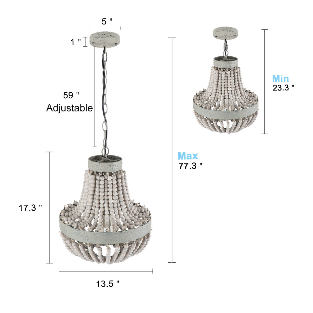 Anmytek Wood Beaded Chandelier Pendant Light Gray White Finishing Kitchen Island Lighting Retro Vintage Rustic Beads Ceiling Lamp Light Fixtures