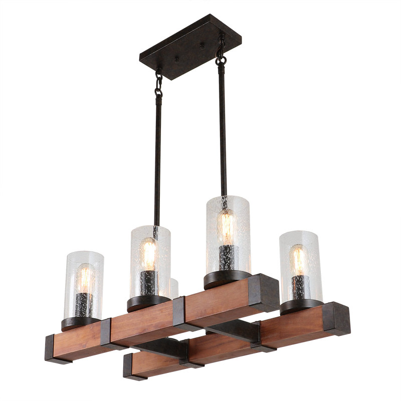 Anmytek C0002 Rustic Chandelier Wood Light Fixture with Seeded Glass Shades, Farm Dinning Room Pendant Lamp 6 Lights