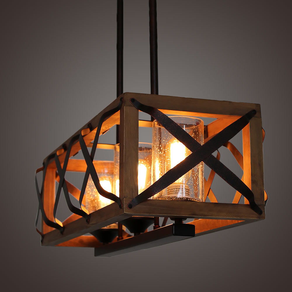 25"L Wood Frame Farmhouse Chandelier Light with Seeded Glass Shades, Rustic Edison Hanging Lamp Vintage Kitchen Pendant 3 Lights, C0029