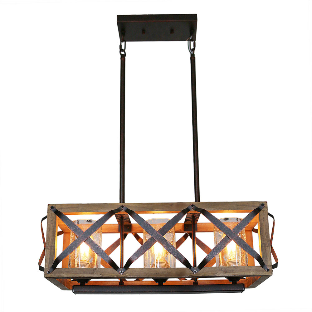 25"L Wood Frame Farmhouse Chandelier Light with Seeded Glass Shades, Rustic Edison Hanging Lamp Vintage Kitchen Pendant 3 Lights, C0029