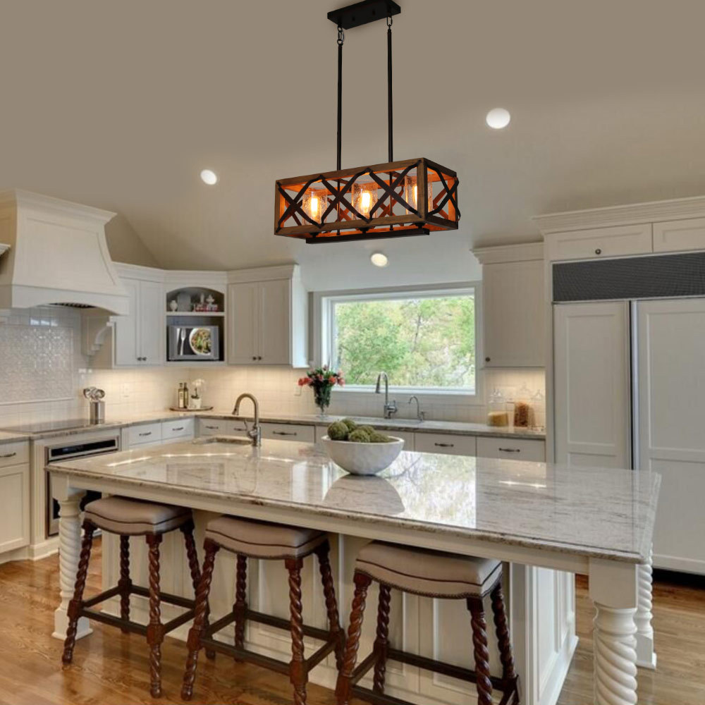 25"L Wood Frame Farmhouse Chandelier Light with Seeded Glass Shades, Rustic Edison Hanging Lamp Vintage Kitchen Pendant 3 Lights, C0029