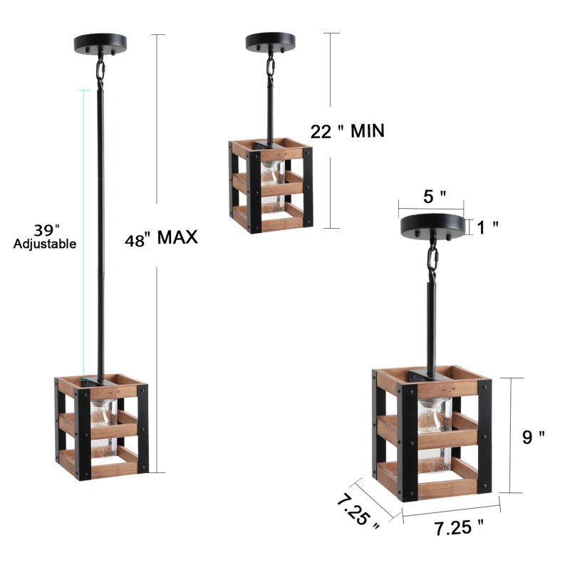 3Tiers Farm Style Wood Pendant Light with Seeded Shade, Vintage Kitchen Island Light Rustic Hanging Lamp, P0014