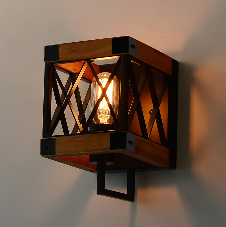 Bedroom Wood Wall Lamp with Mesh Cage, Industrial Bathroom Wall Sconce Vintage Edison Sconce Light Fixture, W0057