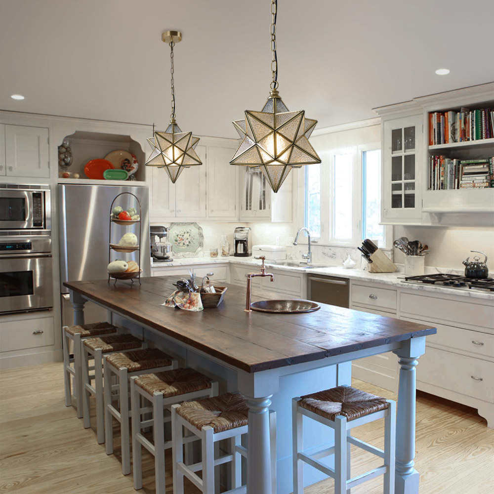 12" Moravian Star Kitchen Island Pendant Light with Glass Cover, Modern Brass Frame Industrial Edison Hanging Light Fixture, P0024
