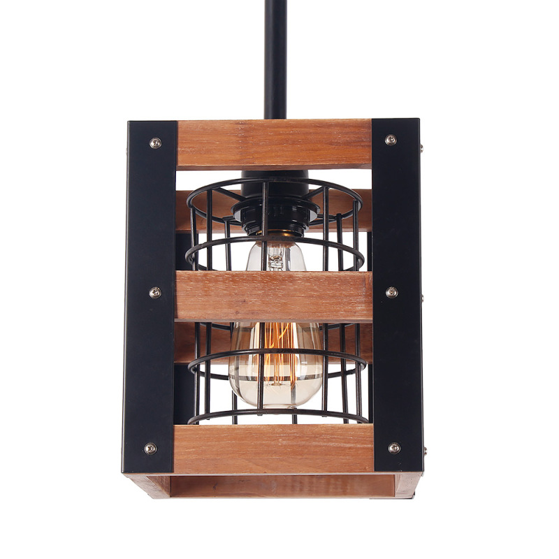 Farmhouse Wood Pendant Light with Cage, Kitchen Island Rustic Industrial Edison Hanging Light, P0015