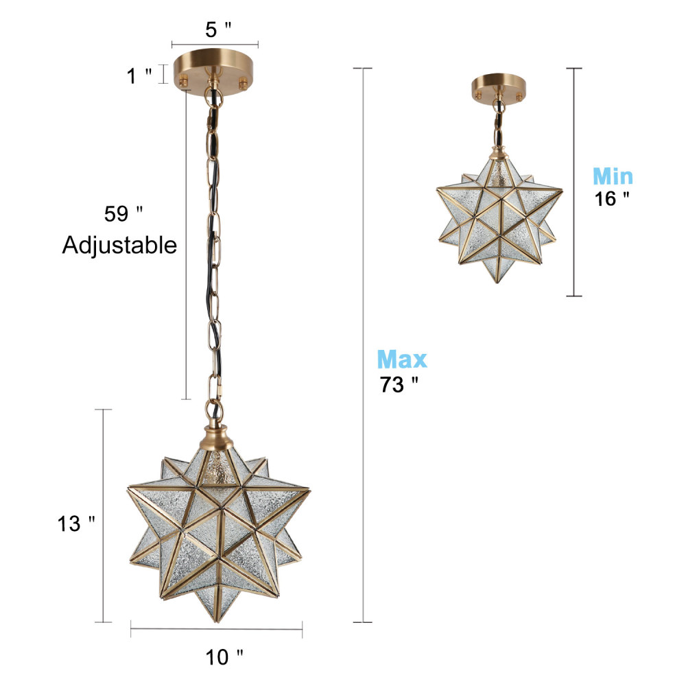 10" Moravian Star Kitchen Island Pendant Light with Glass Cover, Modern Brass Frame Industrial Edison Hanging Light Fixture, P0051