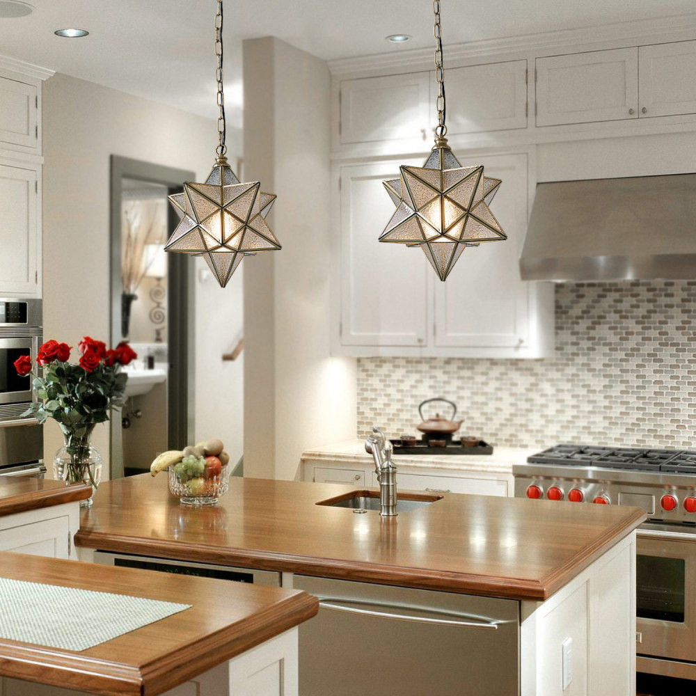 10" Moravian Star Kitchen Island Pendant Light with Glass Cover, Modern Brass Frame Industrial Edison Hanging Light Fixture, P0051
