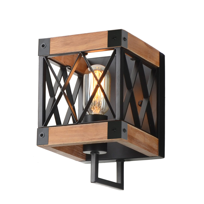 Bedroom Wood Wall Lamp with Mesh Cage, Industrial Bathroom Wall Sconce Vintage Edison Sconce Light Fixture, W0057