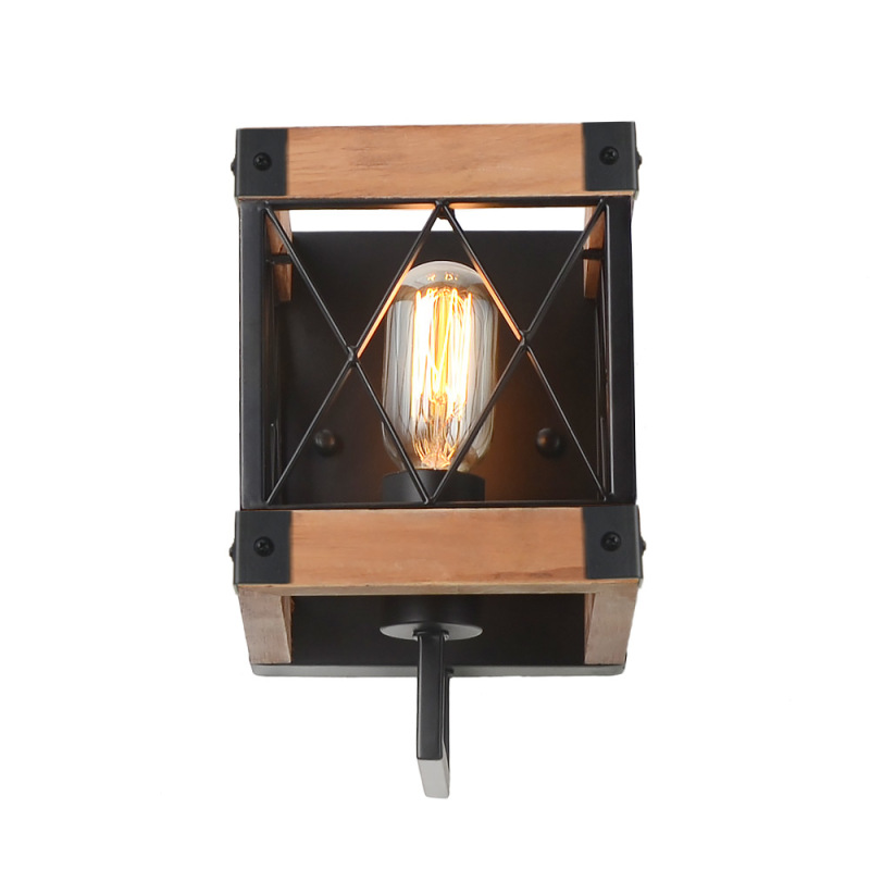 Bedroom Wood Wall Lamp with Mesh Cage, Industrial Bathroom Wall Sconce Vintage Edison Sconce Light Fixture, W0057