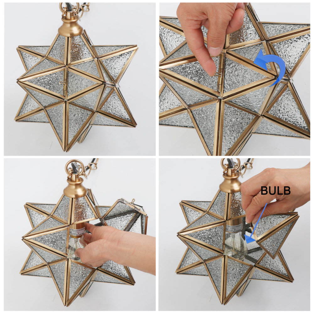 12" Moravian Star Kitchen Island Pendant Light with Glass Cover, Modern Brass Frame Industrial Edison Hanging Light Fixture, P0024