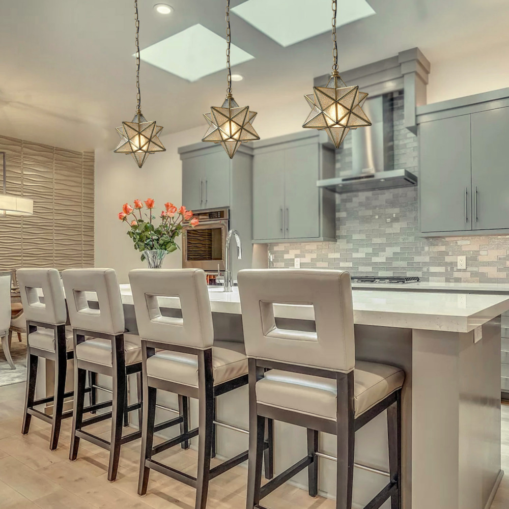 10" Moravian Star Kitchen Island Pendant Light with Glass Cover, Modern Brass Frame Industrial Edison Hanging Light Fixture, P0051