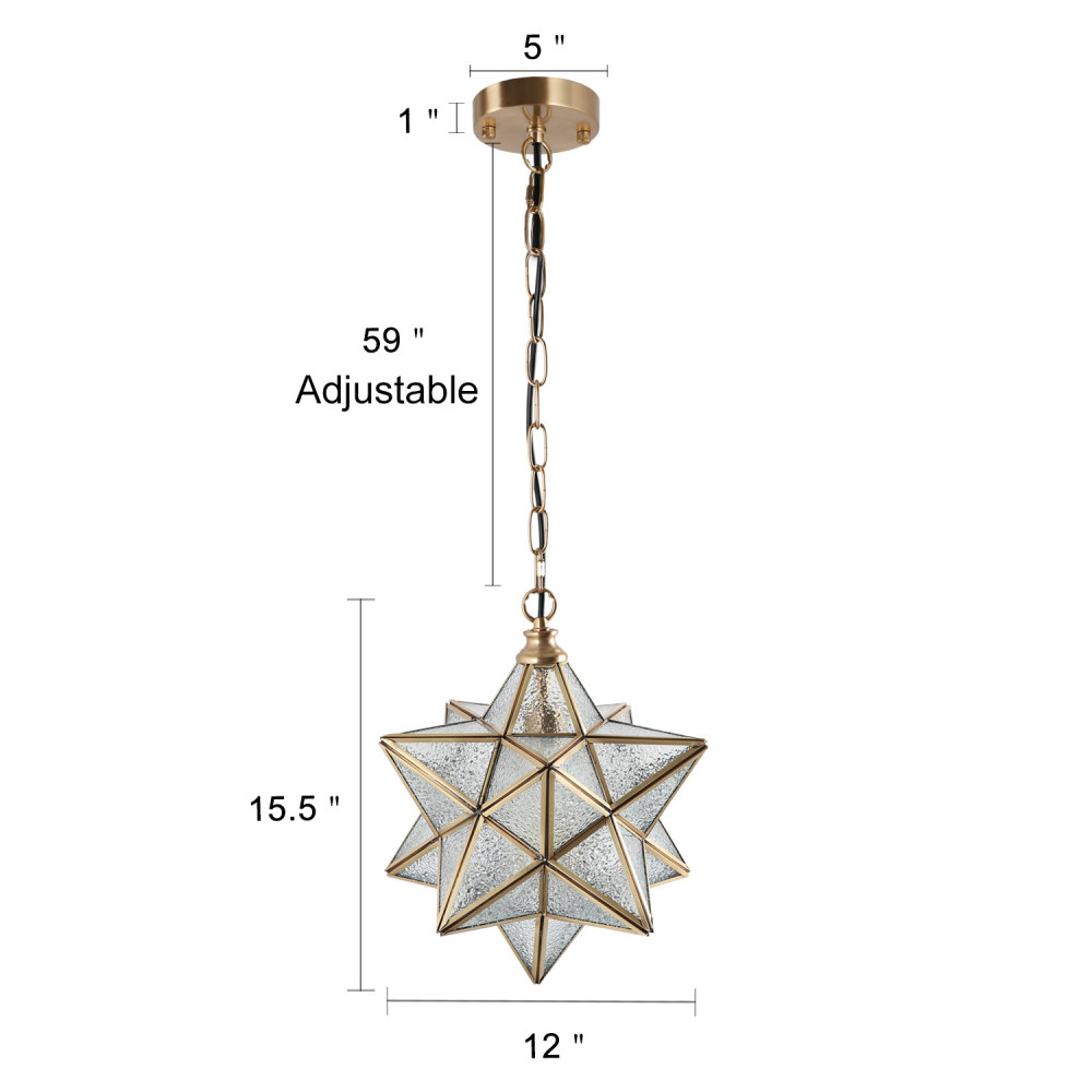 12" Moravian Star Kitchen Island Pendant Light with Glass Cover, Modern Brass Frame Industrial Edison Hanging Light Fixture, P0024
