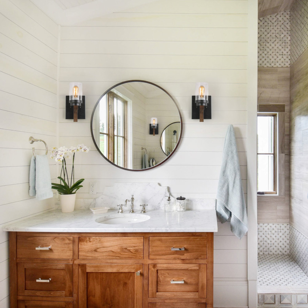 Rustic Style Bathroom Light Metal Wall Sconce with Seeded Glass Shade, Industrial Vanity Light Edison Sconce Light Fixture, W0061