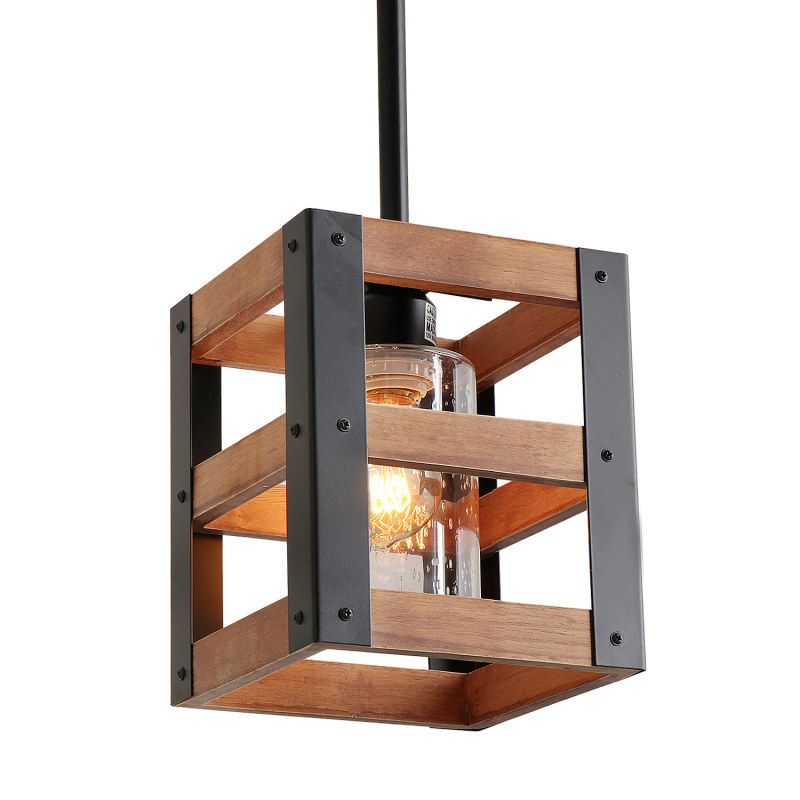 3Tiers Farm Style Wood Pendant Light with Seeded Shade, Vintage Kitchen Island Light Rustic Hanging Lamp, P0014