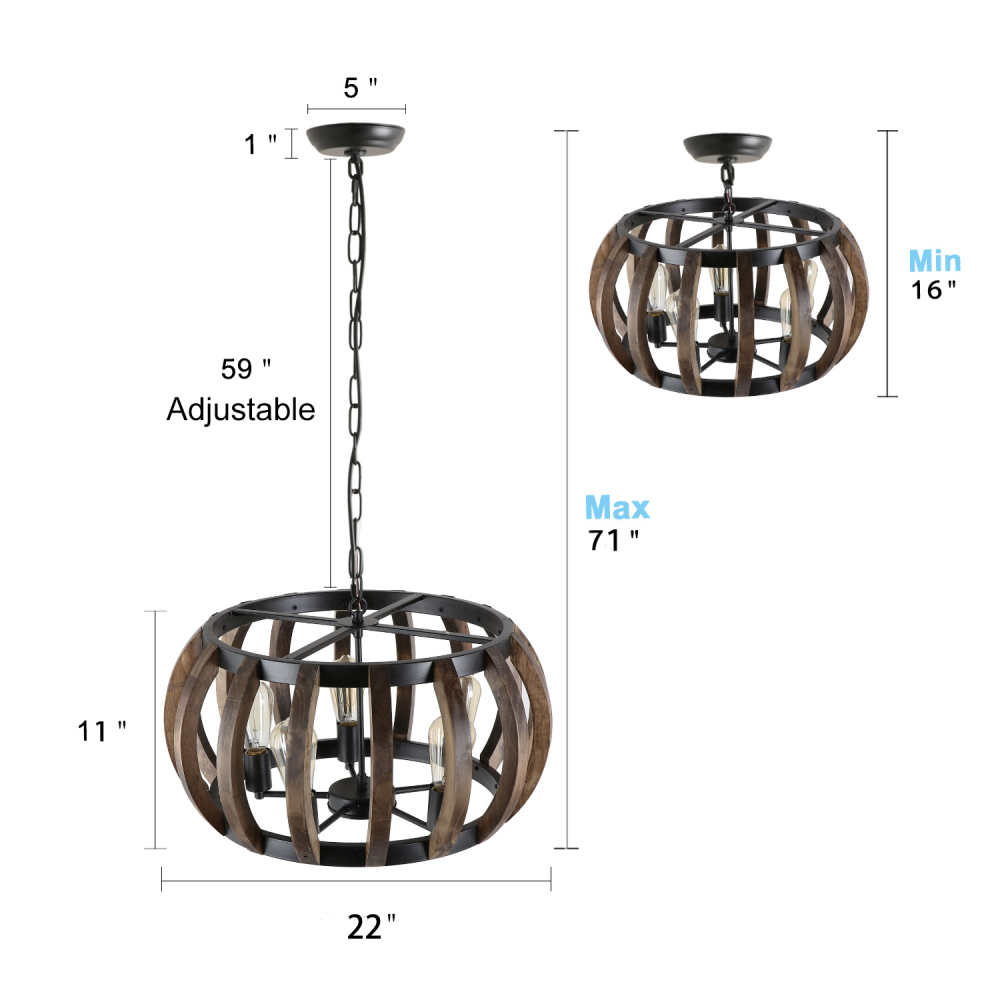 Anmytek C0070 pumpkin retro wooden frame adjustable chandelier, hanging lighting kitchen island restaurant ceiling lamp
