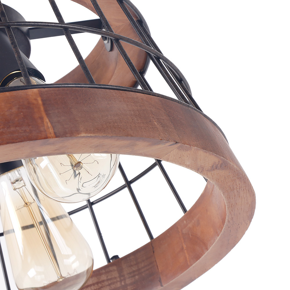 Anmytek C0042 Wood and Metal Chandelier Iron Net Frame Rustic Chandelier Lighting Circular Metal Pendant Light Retro Ceiling Light or Edison Vintage H