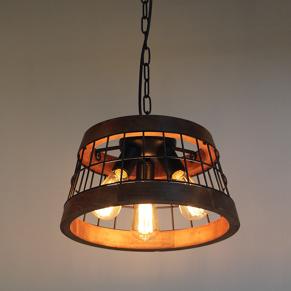 Anmytek C0042 Wood and Metal Chandelier Iron Net Frame Rustic Chandelier Lighting Circular Metal Pendant Light Retro Ceiling Light or Edison Vintage H