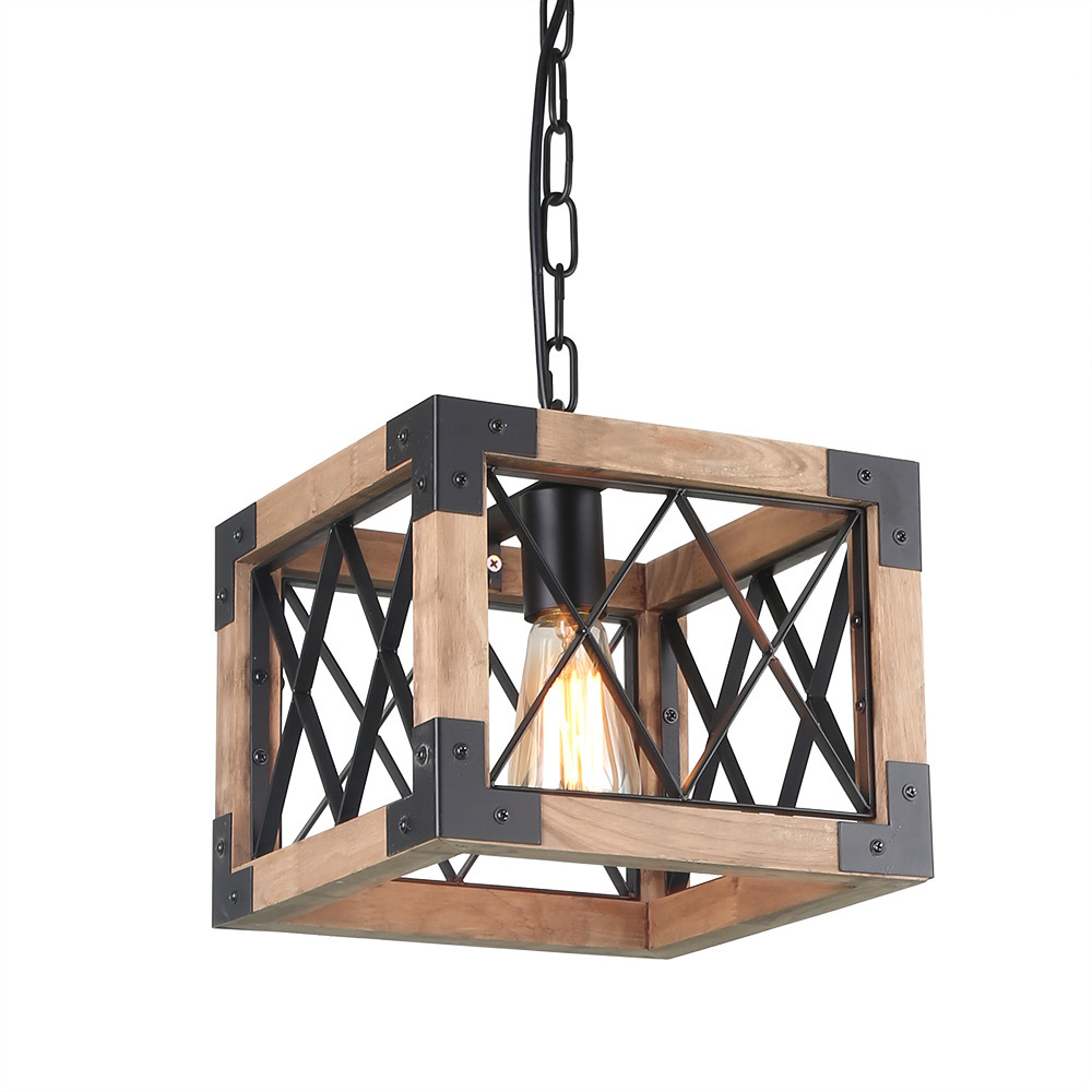 Anmytek P0031 Adjustable Wood Metal Chandelier Cube Iron Net Frame Pendant Lighting Kitchen Island Dining Room Vintage Ceiling Light Fixture 1-Light
