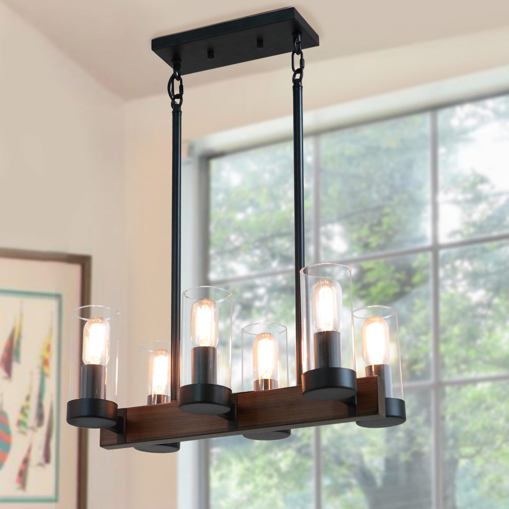 Vintage French Country Chandelier with Glass Shade Metal Pendant Lamp Industrial Edison Hanging Light 6 Lights, Brown,C0057