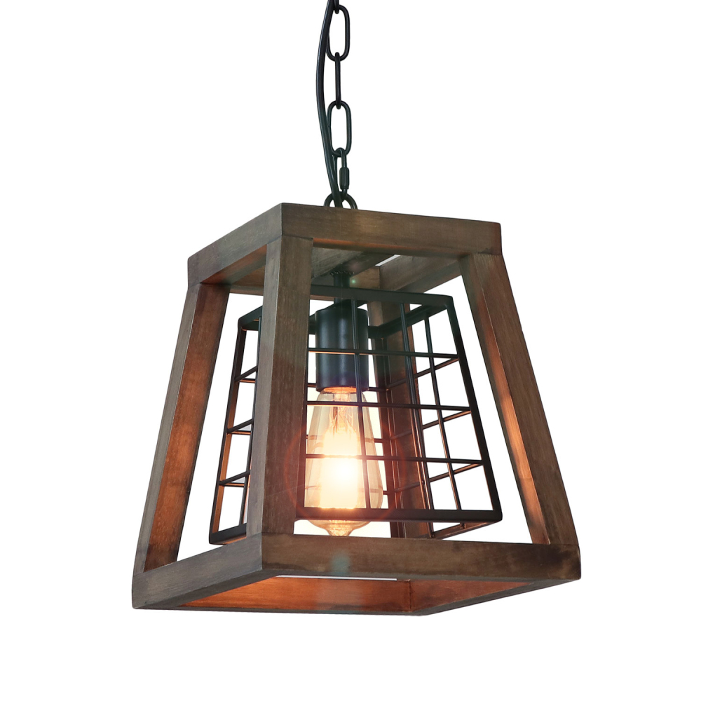 9.8" Retro Industrial Farmhouse Chandelier Vintage Edison Ceiling Island Lighting Fixture, Brown Wood & Black Metal,P0044