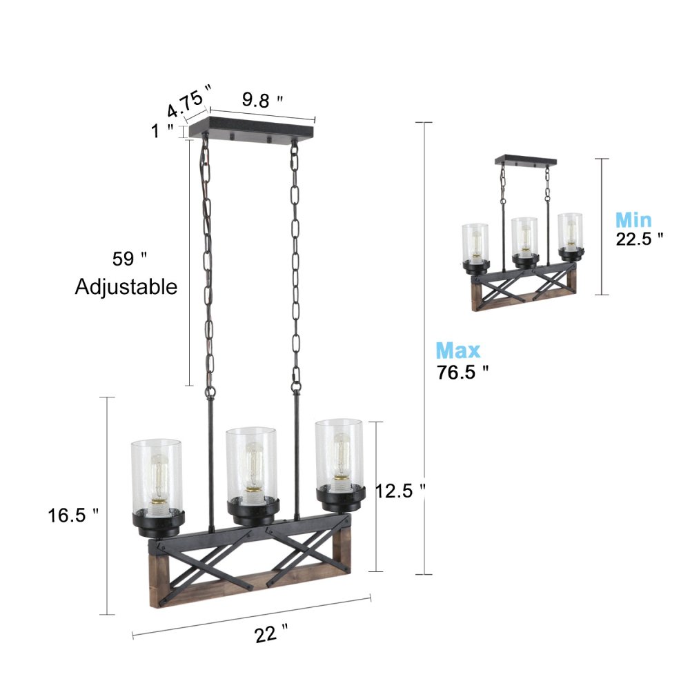 22"L Industrial Farmhouse Pendant Lamp Vintage Edison Ceiling Island Lighting Fixture, Brown Wood & Black Metal,C0076