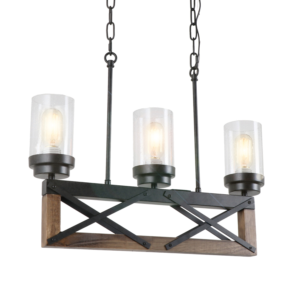 22"L Industrial Farmhouse Pendant Lamp Vintage Edison Ceiling Island Lighting Fixture, Brown Wood & Black Metal,C0076