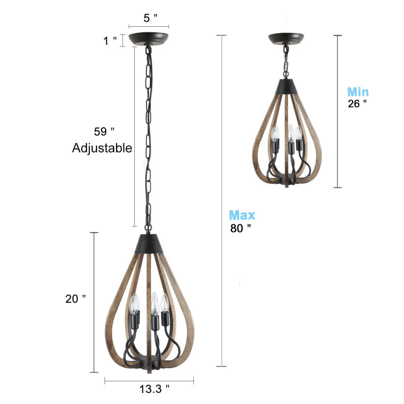 13.3'' Industrial Rustic Pendant Lamp Vintage Edison Ceiling Island Lighting Fixture, Brown Wood &amp; Black Metal,P0049