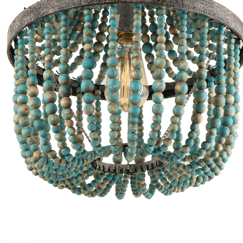 Wood Bead Chandelier Gray Blue Boho Style Hanging Bedroom Light Fixture Antique Pendant Ceiling Light ,UL Listed,B0005