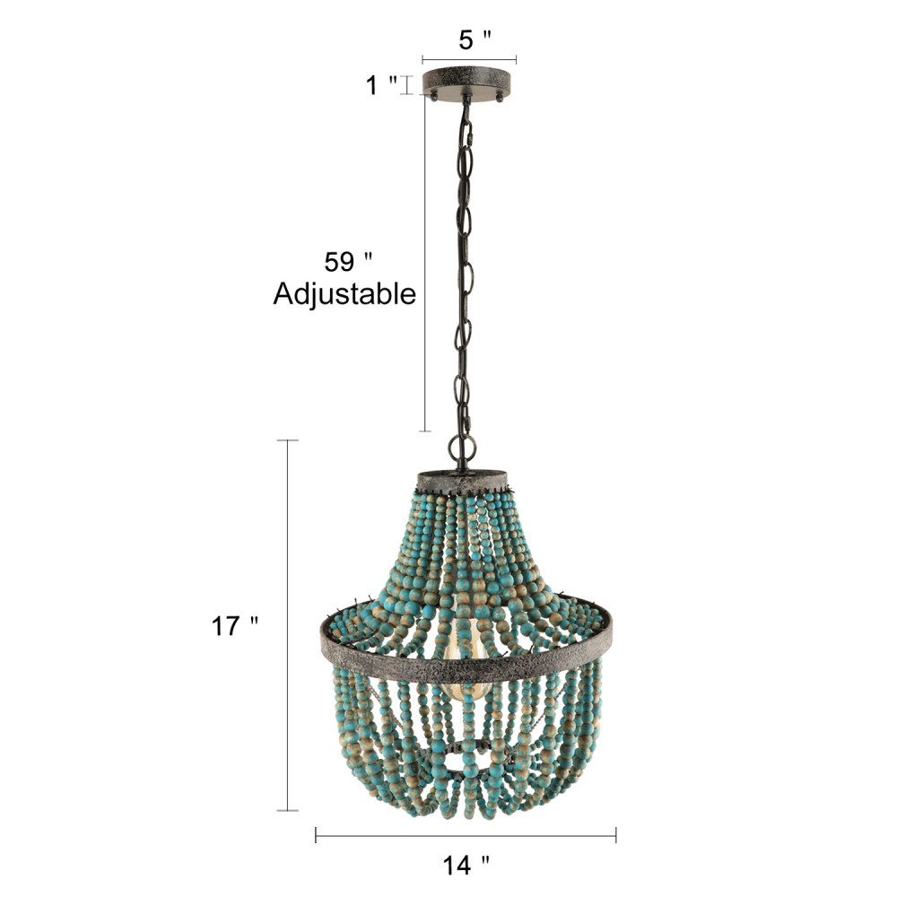 Wood Bead Chandelier Gray Blue Boho Style Hanging Bedroom Light Fixture Antique Pendant Ceiling Light ,UL Listed,B0005