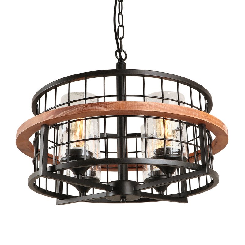 Rustic Round Chandelier Island Pendant Lighting Fixture with 4 Glass Shades,Industrial Drum Chandelier for Dinning Room(C0050)