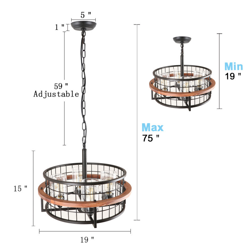 Rustic Round Chandelier Island Pendant Lighting Fixture with 4 Glass Shades,Industrial Drum Chandelier for Dinning Room(C0050)