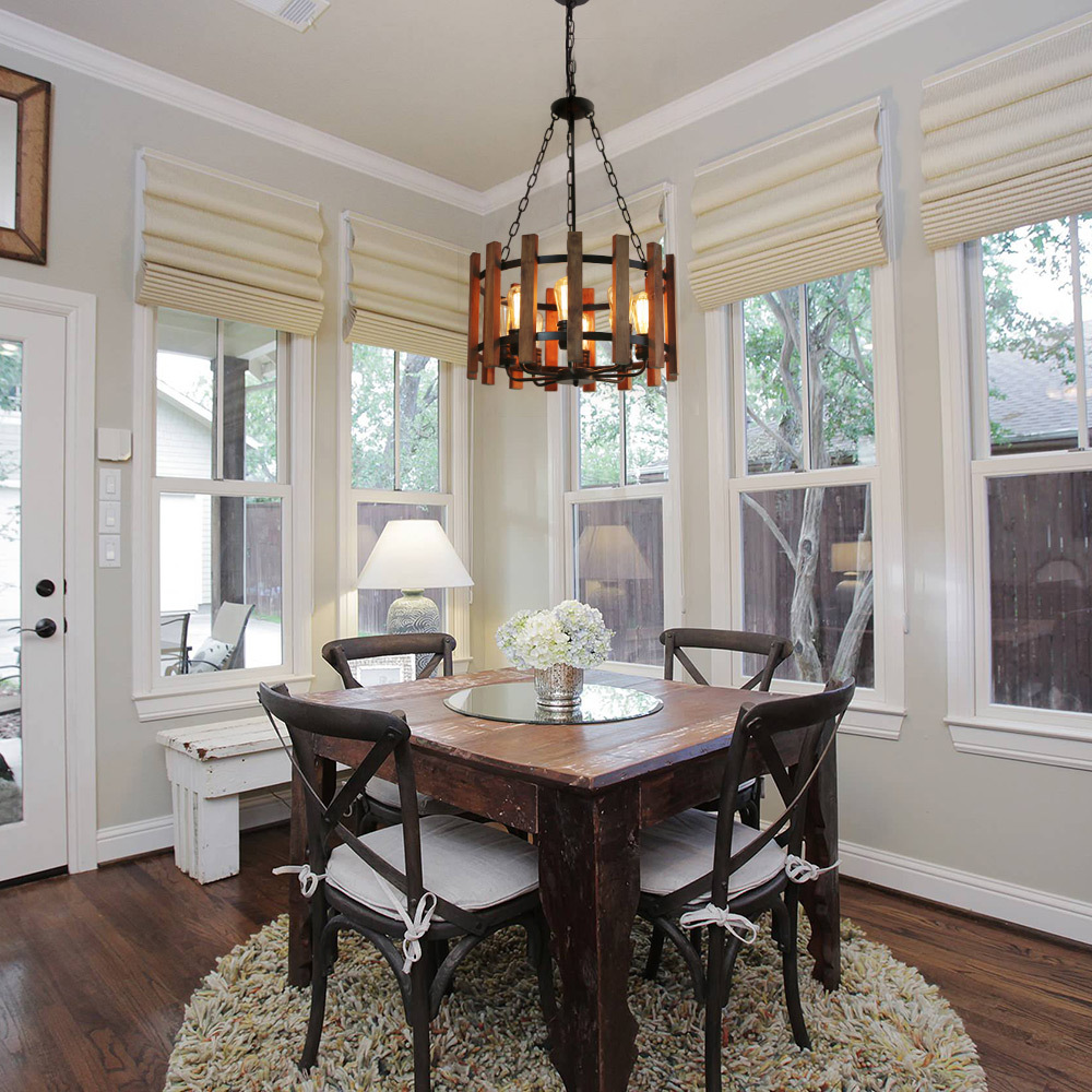 Wood Metal Chandelier Orb Pendant Light, Dining Room Vintage Ceiling Light Fixture 8 Lights, Brown (C0049)