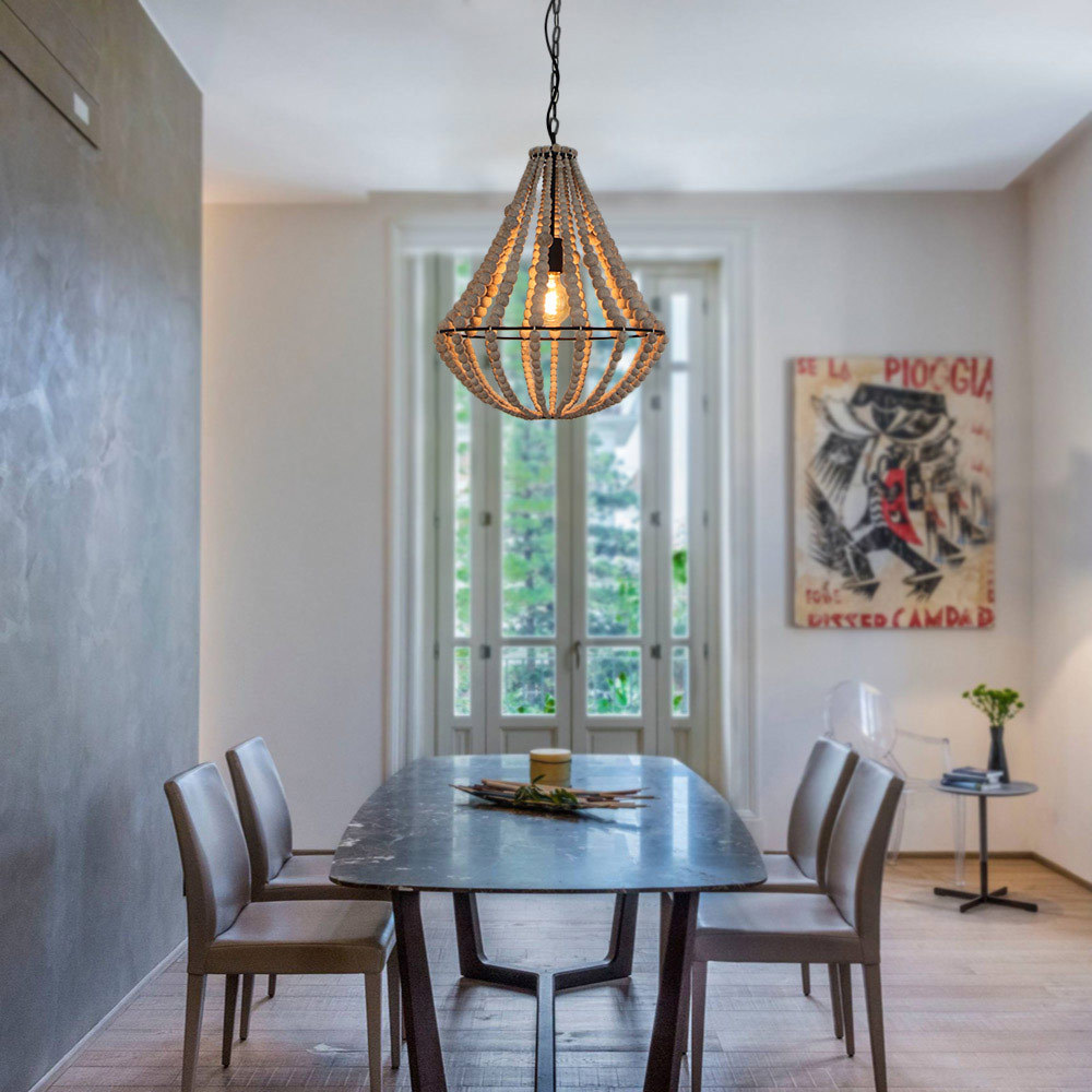 Conical Wood Bead Chandelier Retro Style Pendant Lamp,Kitchen Island Vintage Hanging Light Fixtures 1 Light, Gray White (C0045)