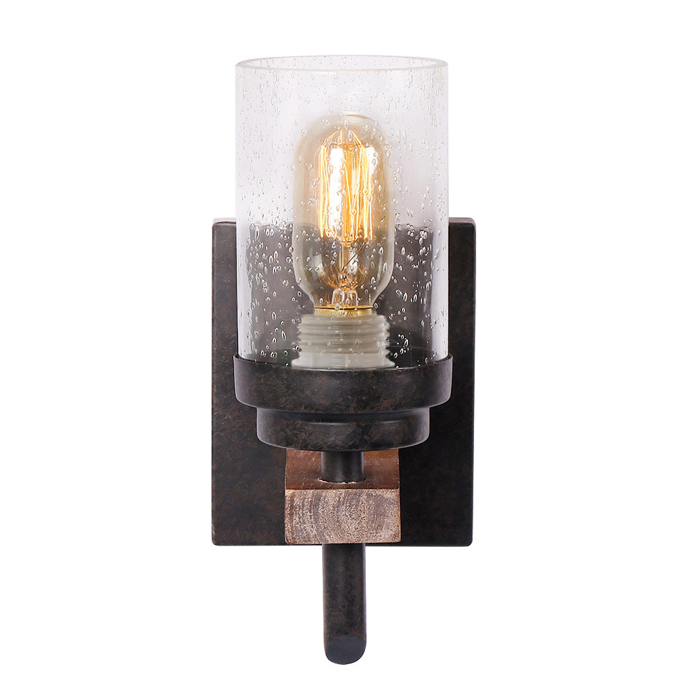 Rustic Wood Wall Sconce with Seeded Glass Shade, Log Cabin Home Retro Edison Wall Light Fixtures 1-Light, Black (17804)