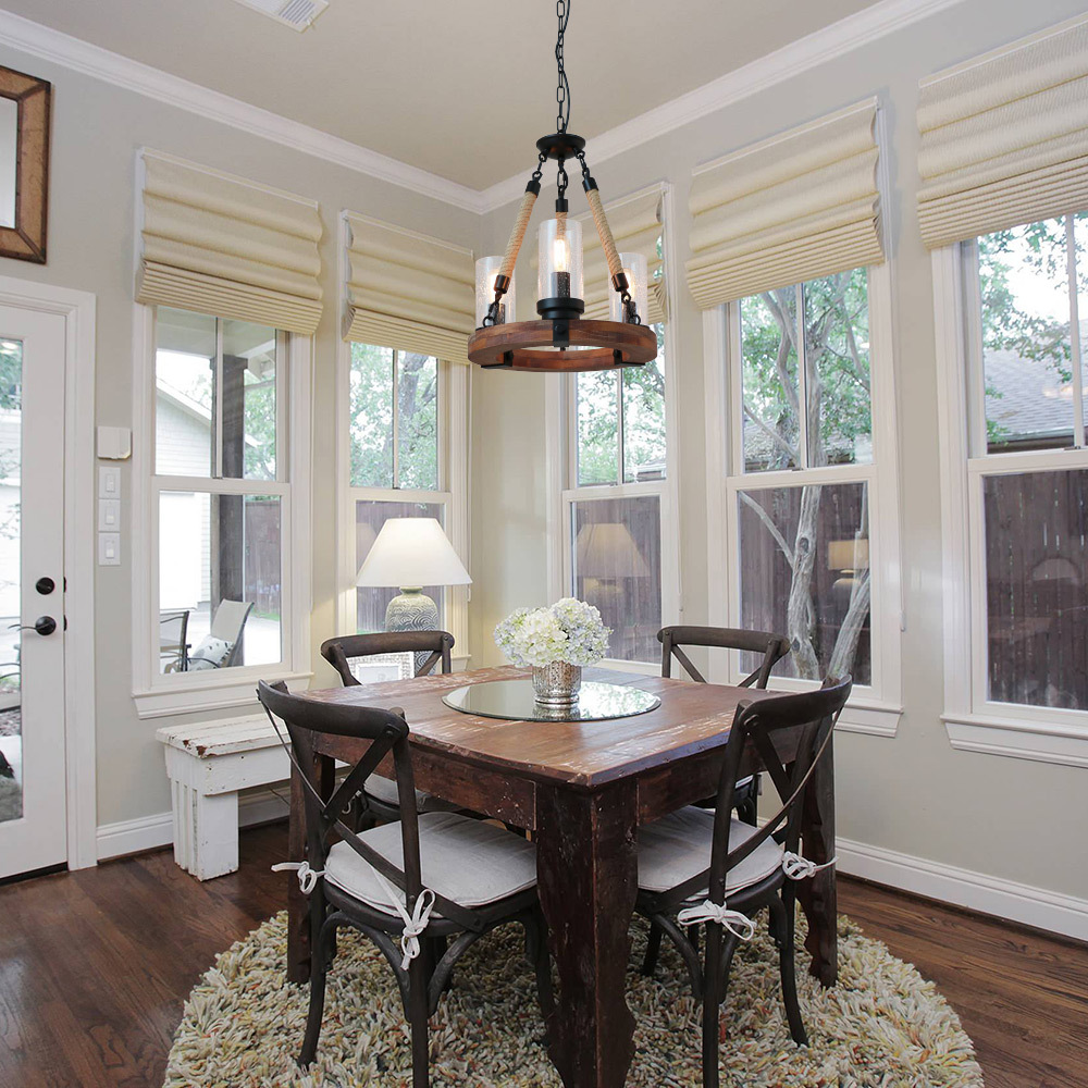 Wooden Ring Hemp Rope Chandelier Vintage Round Ceiling Light Fixtures 3 Lights with Seeded Glass Shade, Brown (C0047)