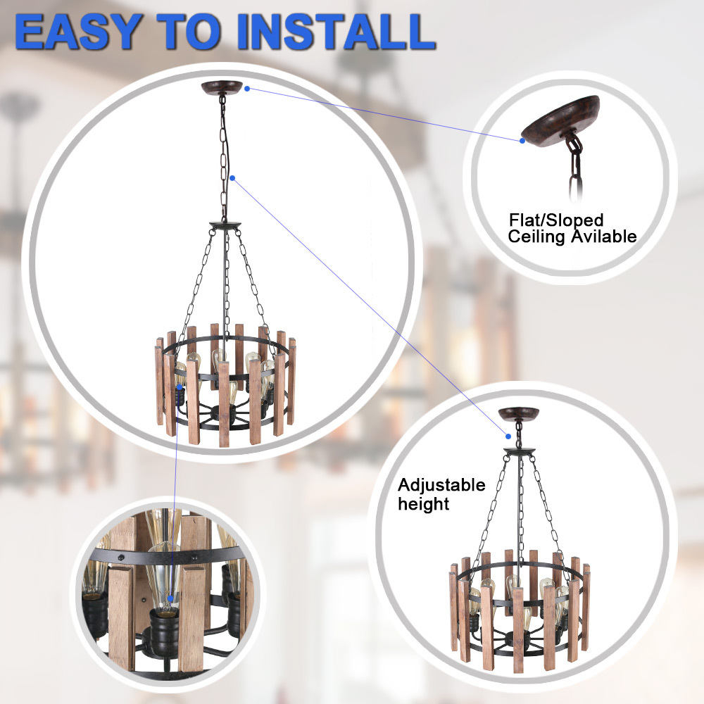 Wood Metal Chandelier Orb Pendant Light, Dining Room Vintage Ceiling Light Fixture 8 Lights, Brown (C0049)
